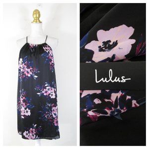 LuLus Filled With Love Black Satin Floral Print Halter Swing Dress S